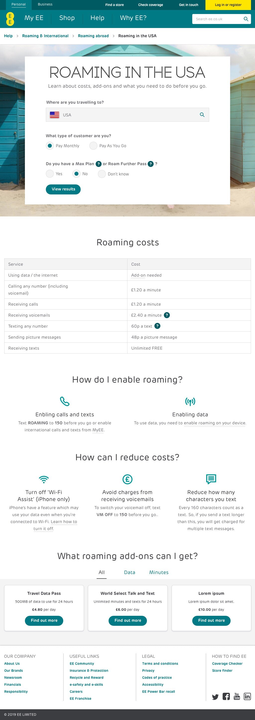 Roaming cost calculator page designs